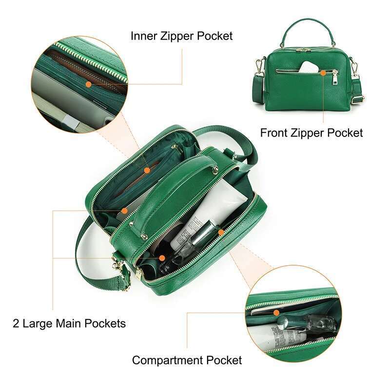 Contact's Crossbody Bags For Women Handbags Full Grain Leather 2 Zippers Green Ladies Shoulder Box Bag