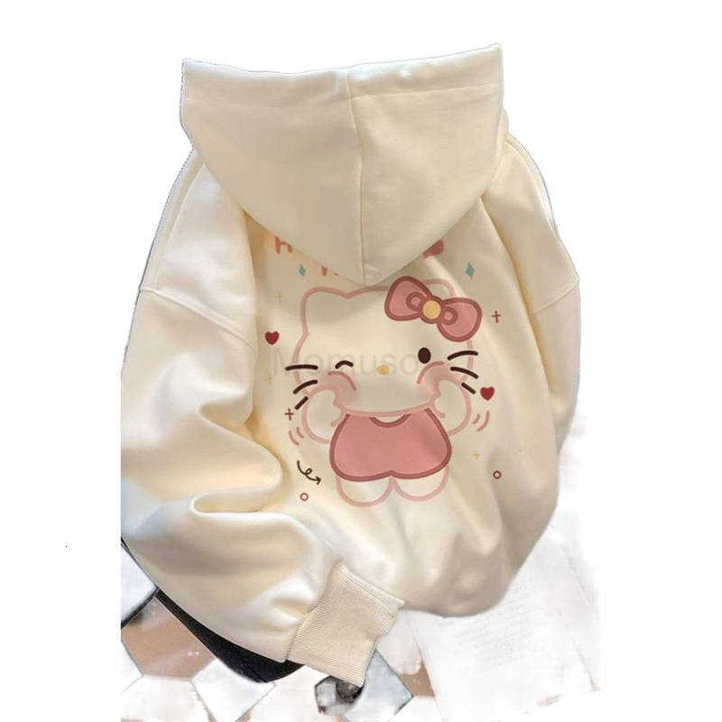 Sanrio Sweet Campus Style Hoodie for Women Thick Fleece Kitty Cat Print Loose Fit Versatile Spring Top H251121