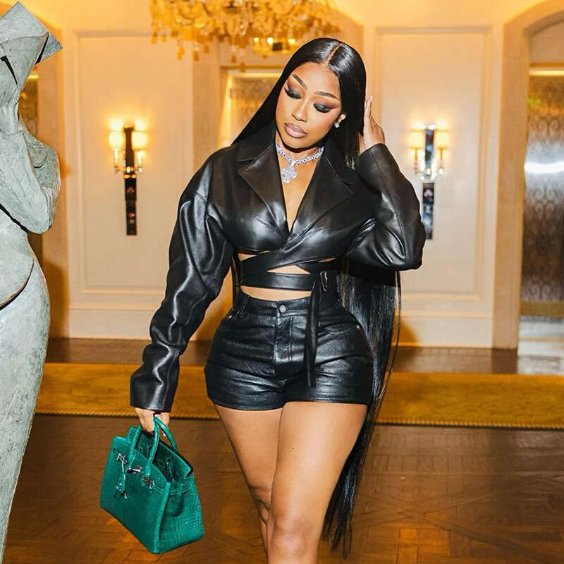 hoodie Women's Wear Autumn New Women's Fashion Lapel V-Neck PU Leather Tight And Sexy Shorts Set jacket