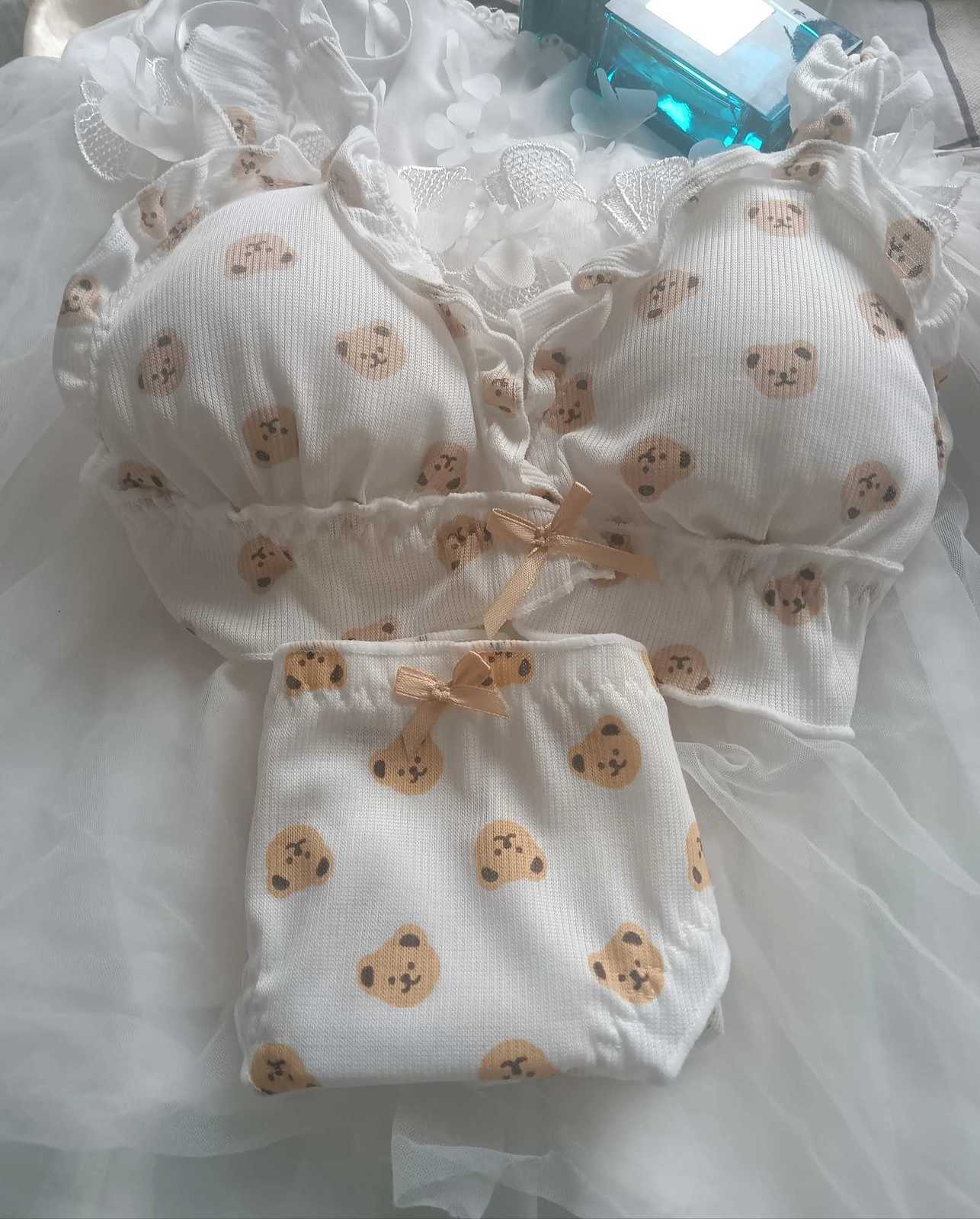 Japan Cute Girl Bear Bra Cartoon Cute Girl Without Steel Ring Anti-Sagging Sweet Ruffled Bow Bra Set as Well as Bra Single PieceXJ251106