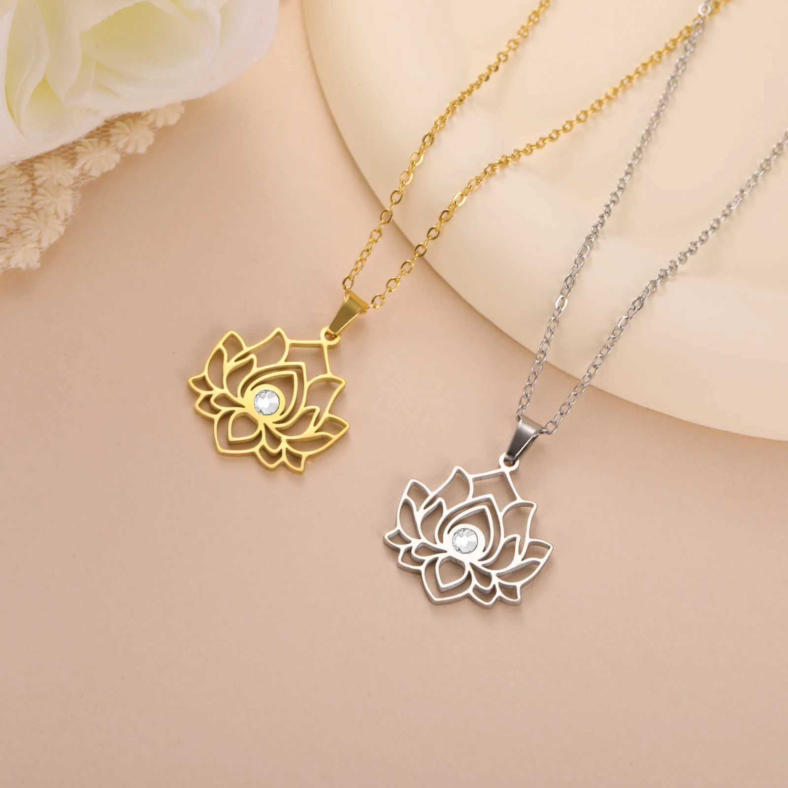 Skyrim Lotus Flower Necklace Women Stainless Steel Clear Zircon Pendant Neck Chain Yoga Chakra Buddhism Jewelry Christmas GiftsXJ251121
