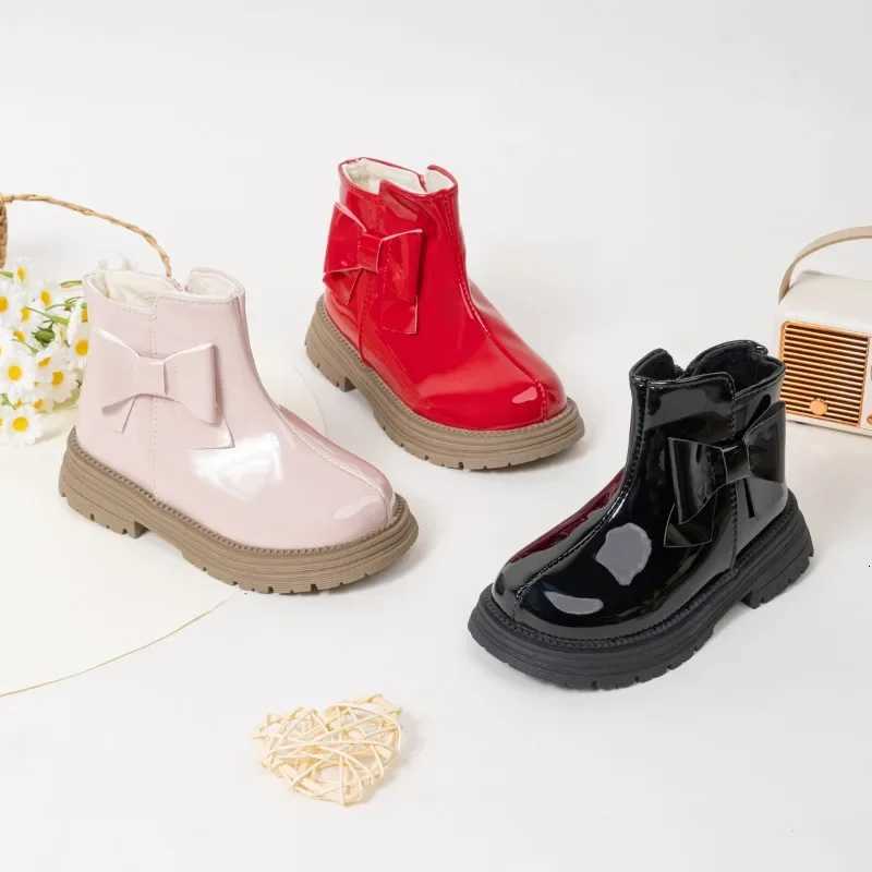 Winter Girls New Cotton Boots Sweet Bowknot Kids Platform Ankle Boots Glossy PU Fashion Childrens Causal Boots Warm VersatileW251121