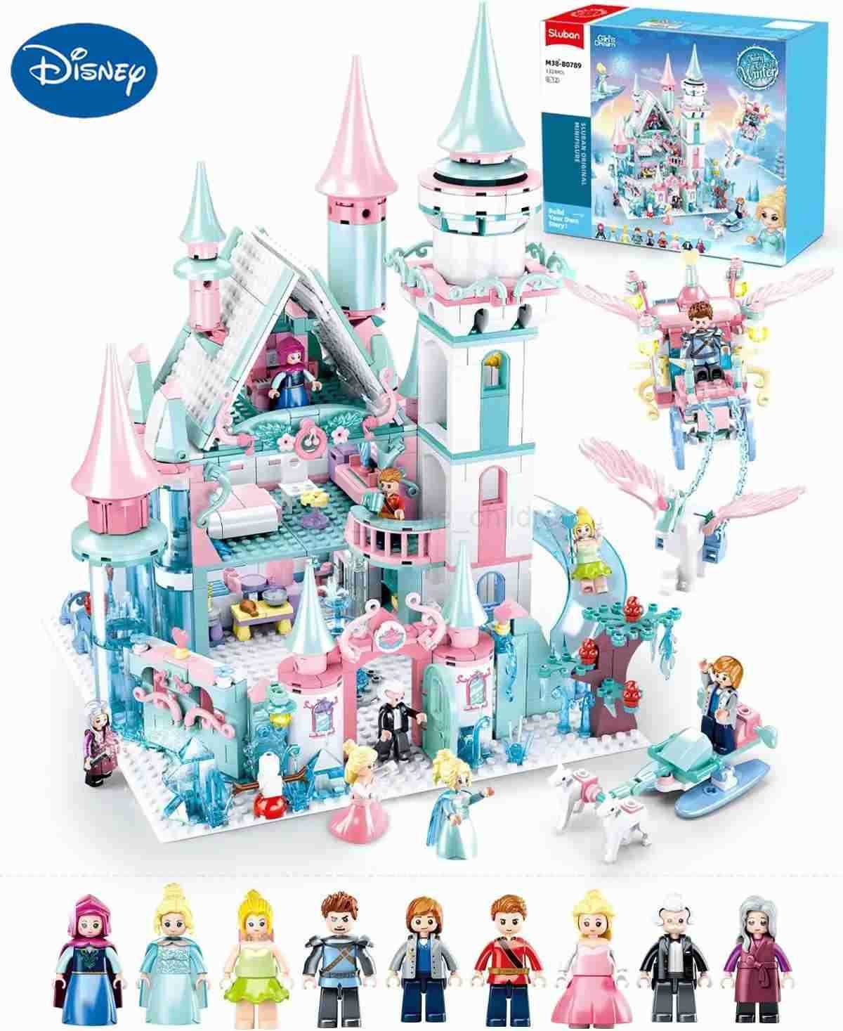 Disney 1314PCS Frozen Magic Castle Building Blocks Ice Queen Princess Carriage Model Bricks Set With Figures Girls Gift Childrens Toys W20250421