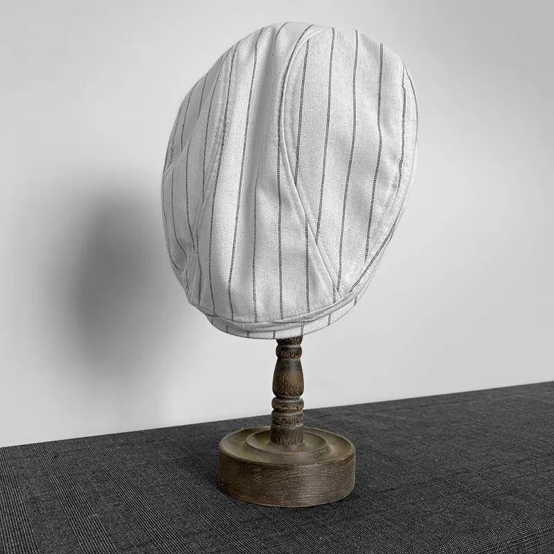 Spring and summer linen s boy hat white striped breathable beret mens literary retro hat British hat mens hat 53 250420