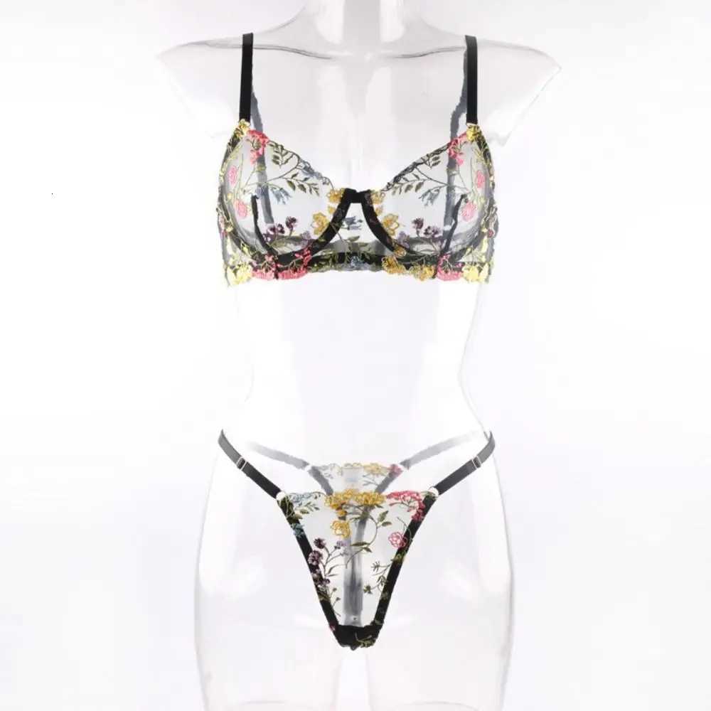 2-Piece Embroidery Lingerie Set Sexy Floral Sheer Wireless Bra Boho Bra Panty SetXJ251106