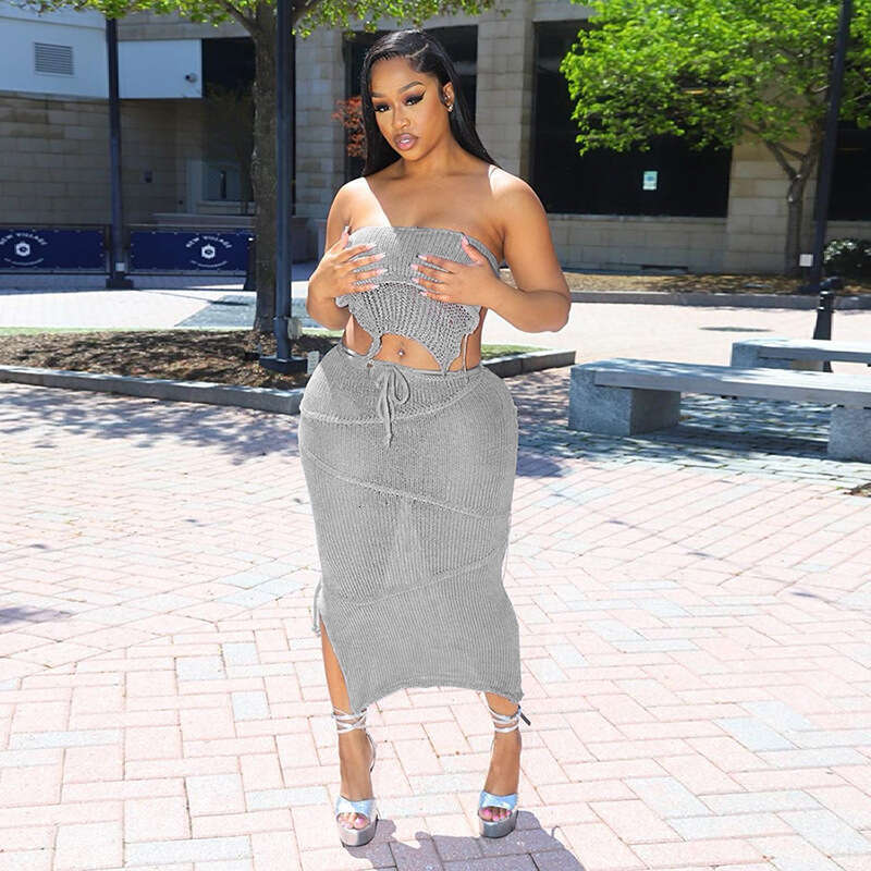 hoodie Women's Wear Feng Spring/Summer Women's New Sexy Wrapped Chest, Lace Up, Open Back Top, Tassel Knitted Skirt Set jacket