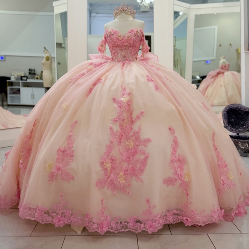 Champagne Shiny Quinceanera Dresses Off The Shoulder Pink Applique Flower BeadsTull Corset Party Birthday Sweet 16 Dres Vestidos 15 Anos