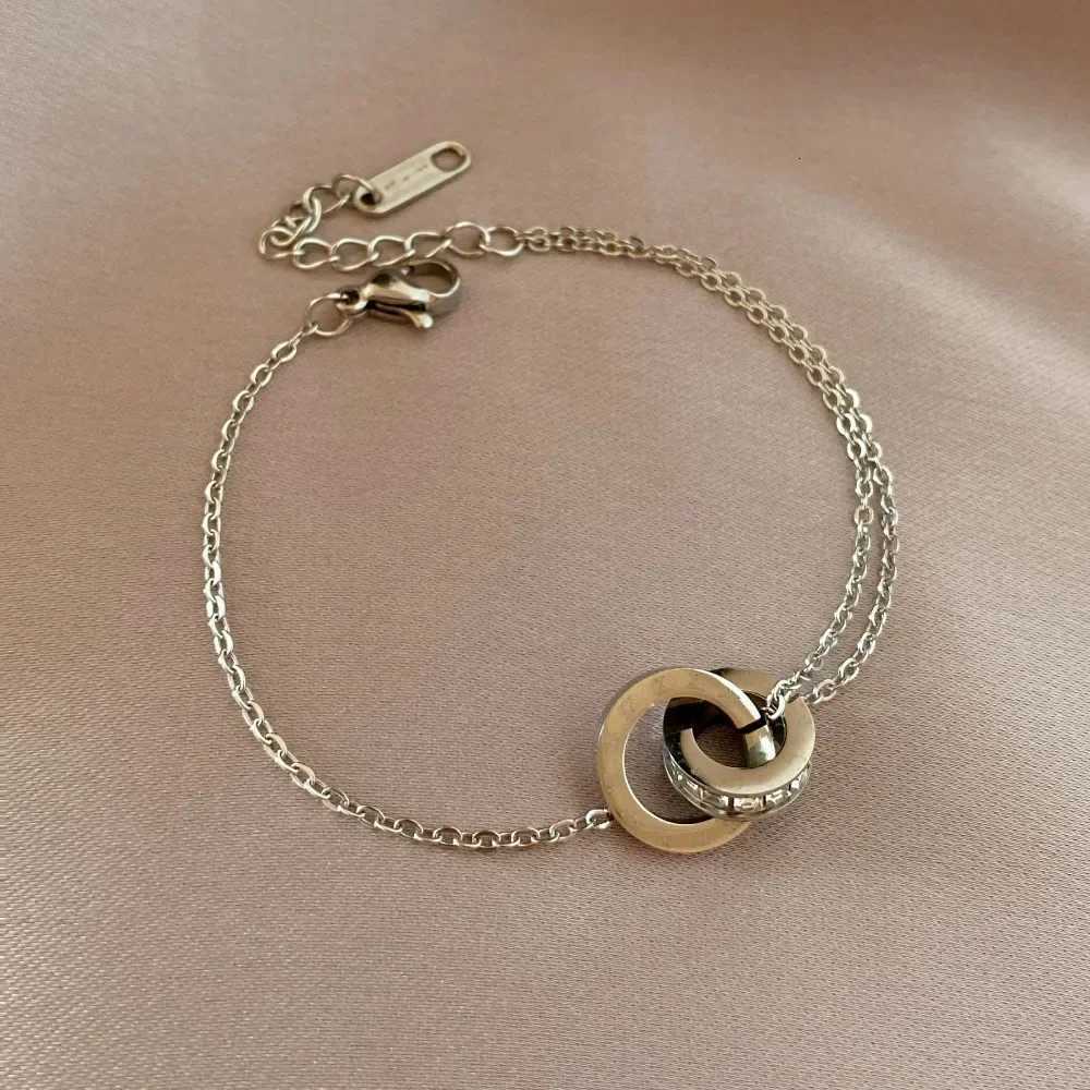 Personality Roman Numeral Double Ring Cross Zircon Bracelet for Women Korea Fashion Gold Color Stainless Steel Bangle JewelryW251121