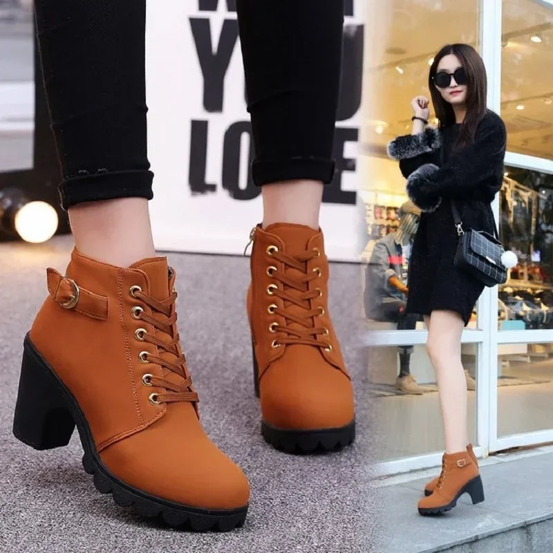 Spring Winter Women Pumps Boots High Quality Laceup European Ladies Shoes PU Heels Fast Delivery 251121