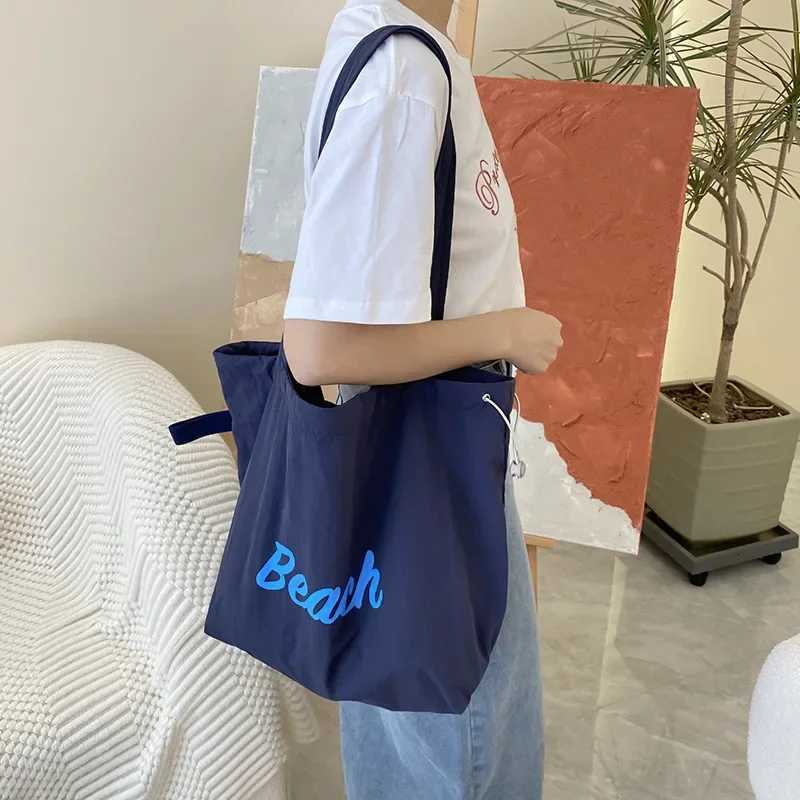 Solid Colour Womens Beach Shoulder Bag Letter Design Ladies Tote Canvas Bags Large Capacity Drawstring Female Shopping HandbagT251121