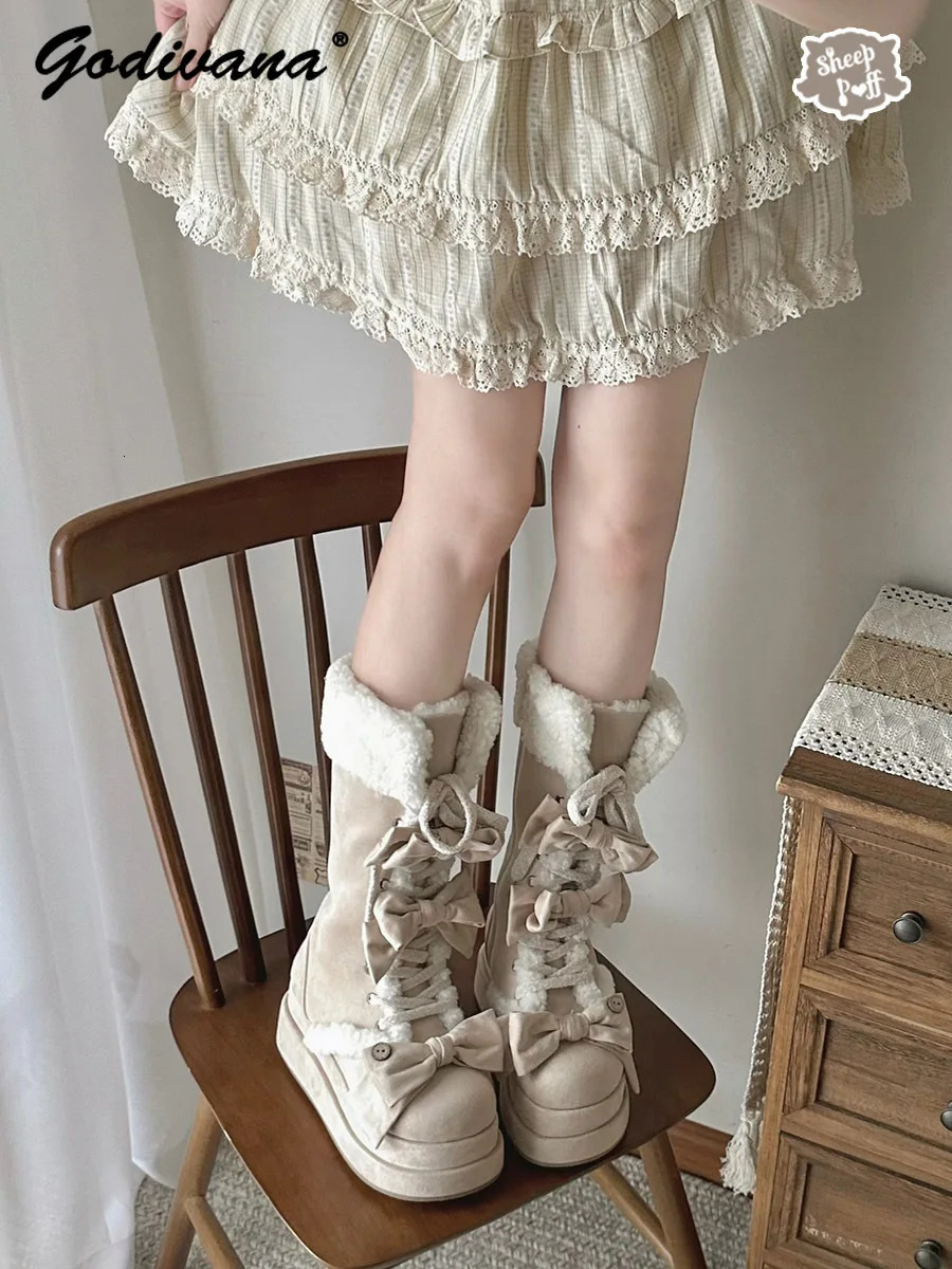 Lolita Winter Calf Boots Original Cute Bow Womens Warm Snow Plush Girl Female Suede Long Fur 251121