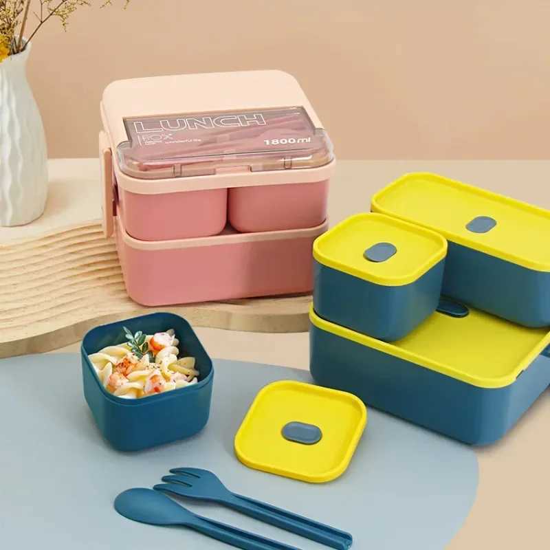 1800ML Square Double Layer Compartment Lunch Box Microwave Safe Large Capacity Plastic Bento Container for Students and OfficeM251121