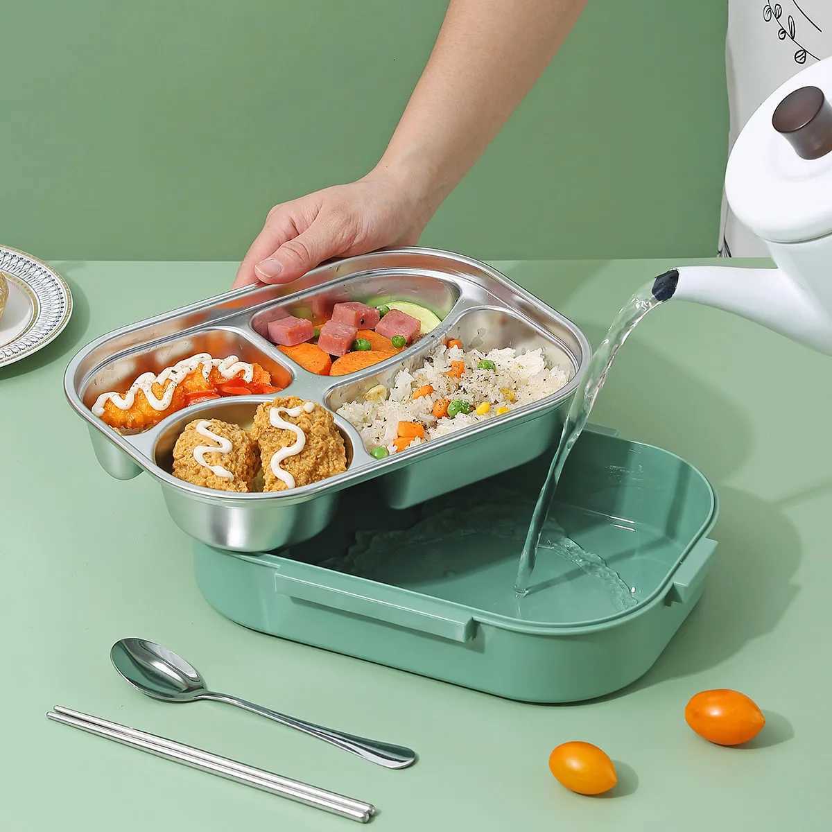 WORTHBUY Microwave 304 Stainless Steel Bento Lunch Box Set With 4/5 Compartment Large Capacity Sealed Student Lunch ContainerM251121