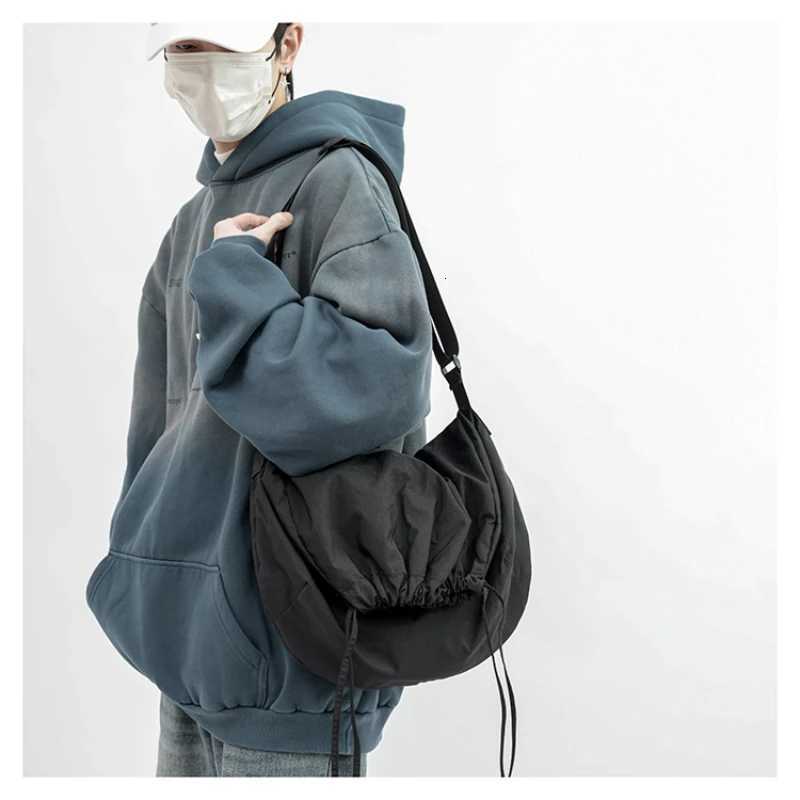 Solid color single shoulder diagonal collapsible bag net red simple wind Tote handbag Japanese leisure drawstring shoulder bagT251121