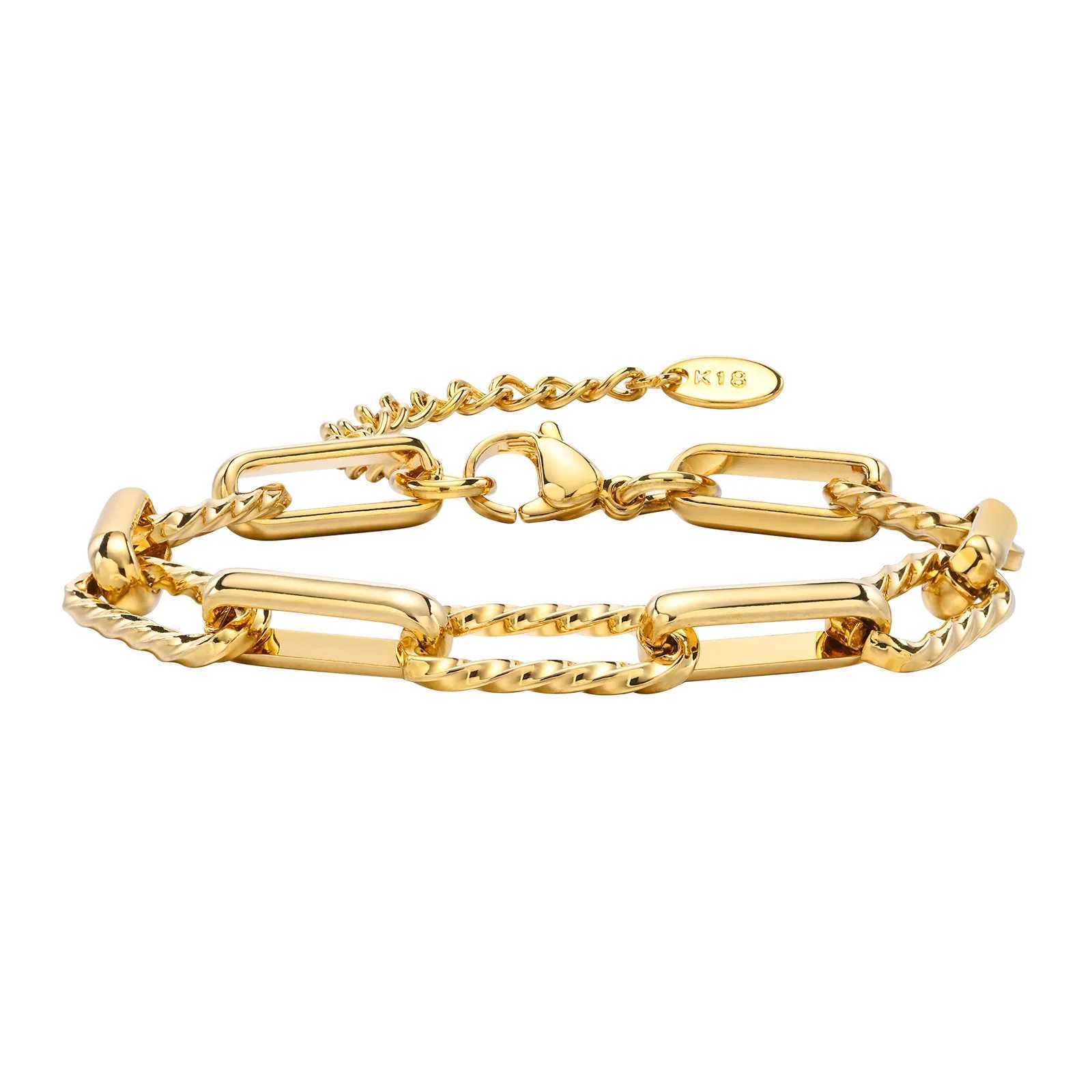 Womens stainless steel chain bracelet 18K gold-plated twisted paper clip adjustable link bracelet bulky stackable laminated jewelry Y250420