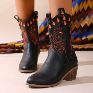 Plus Size Women's Shoes 2025 Autumn Winter New Round Toe Chunky Mid Heel Mid-Calf Western Cowboy Boots for Women Designer Shoe