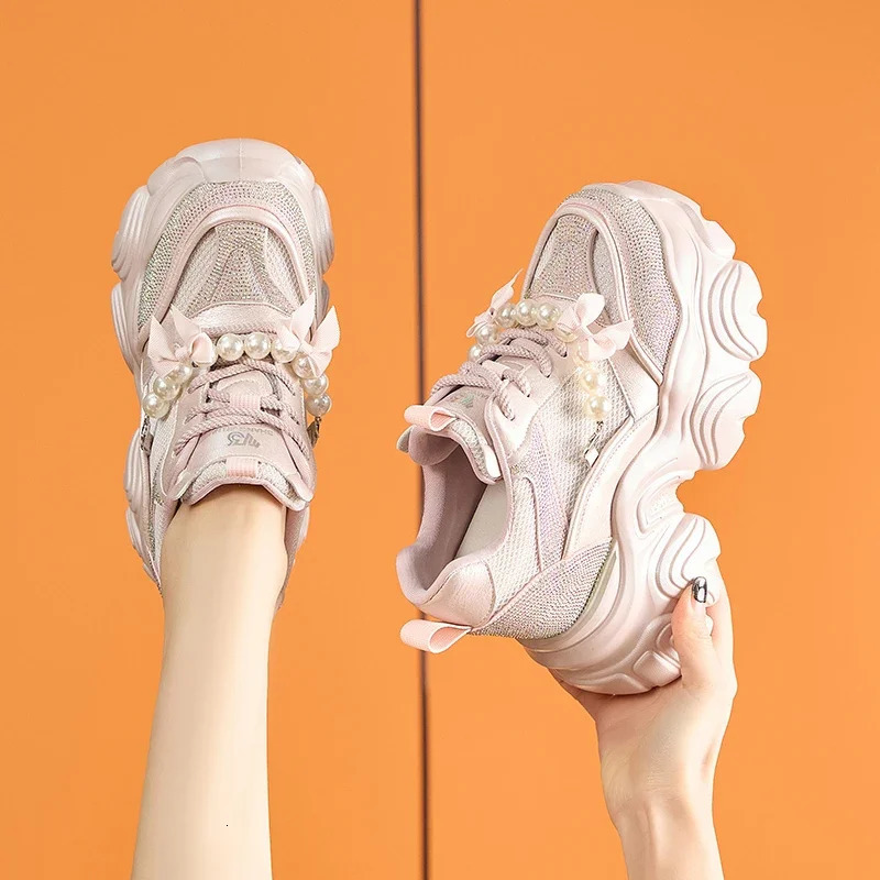 AUTUSPIN String Beads Pink Shoes Women Summer Spring Comfy Platform Sneakers Bling Rhinestones Ladies Thick Soled Footwear 251121