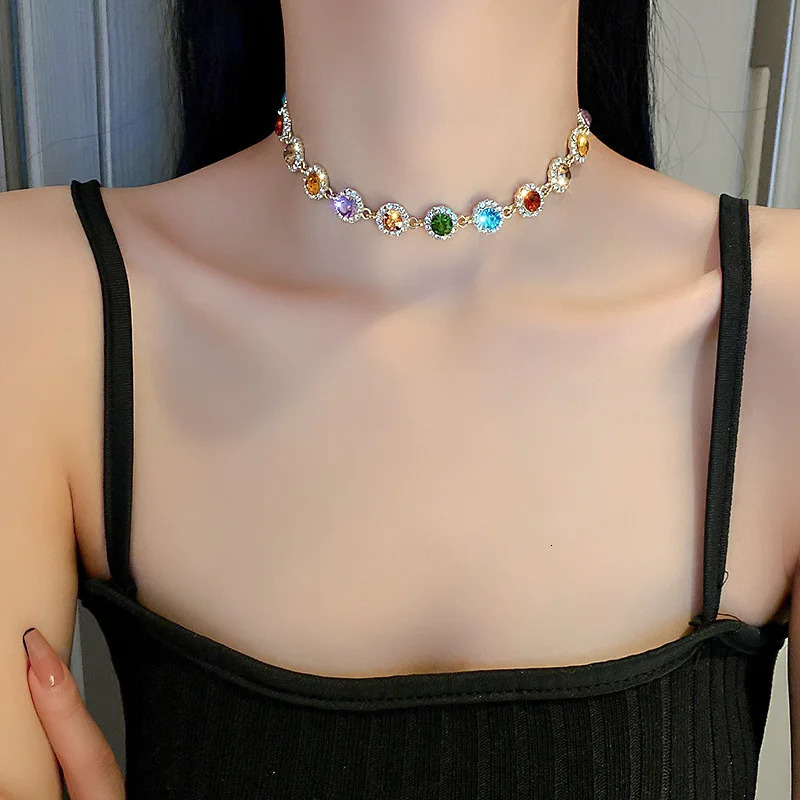 Fyuan Korean style colorful crystal necklace womens Clavicle chain jewelry Bijoux 250420