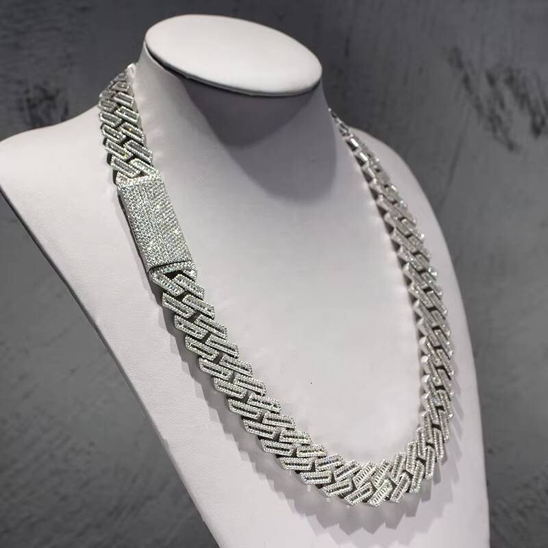 15mm Baguette Moissanite Iced Out Bling Diamond Cuban Link Chain Hip Hop Jewelry Cuban Necklace