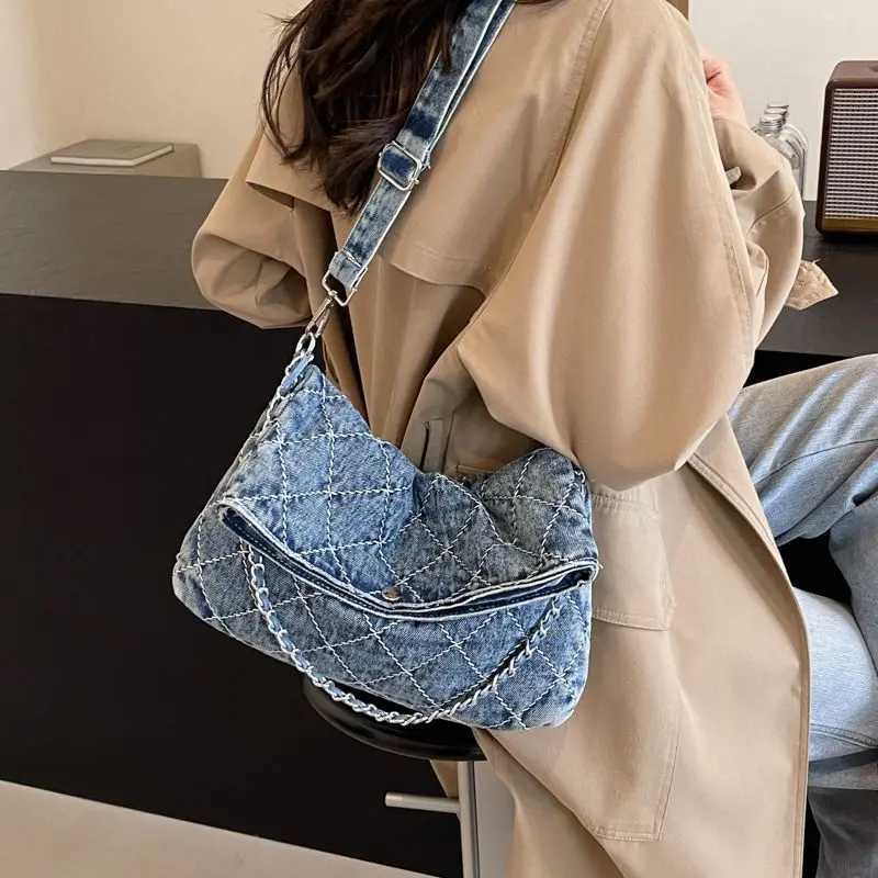 Wed Denim Tote Bag Wen Diamd Chain Harajuku Shoder Bag Ladies Stihing Large Capacity Casual Daily Underarm Bags Y251121
