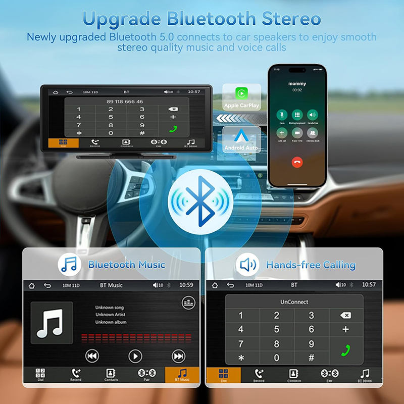 10.26 inch Wireless Portable Carplay Car Android Auto Screen with HD Dash Cam, Backup Camera, Bluetooth FM Transmitter For All Cars