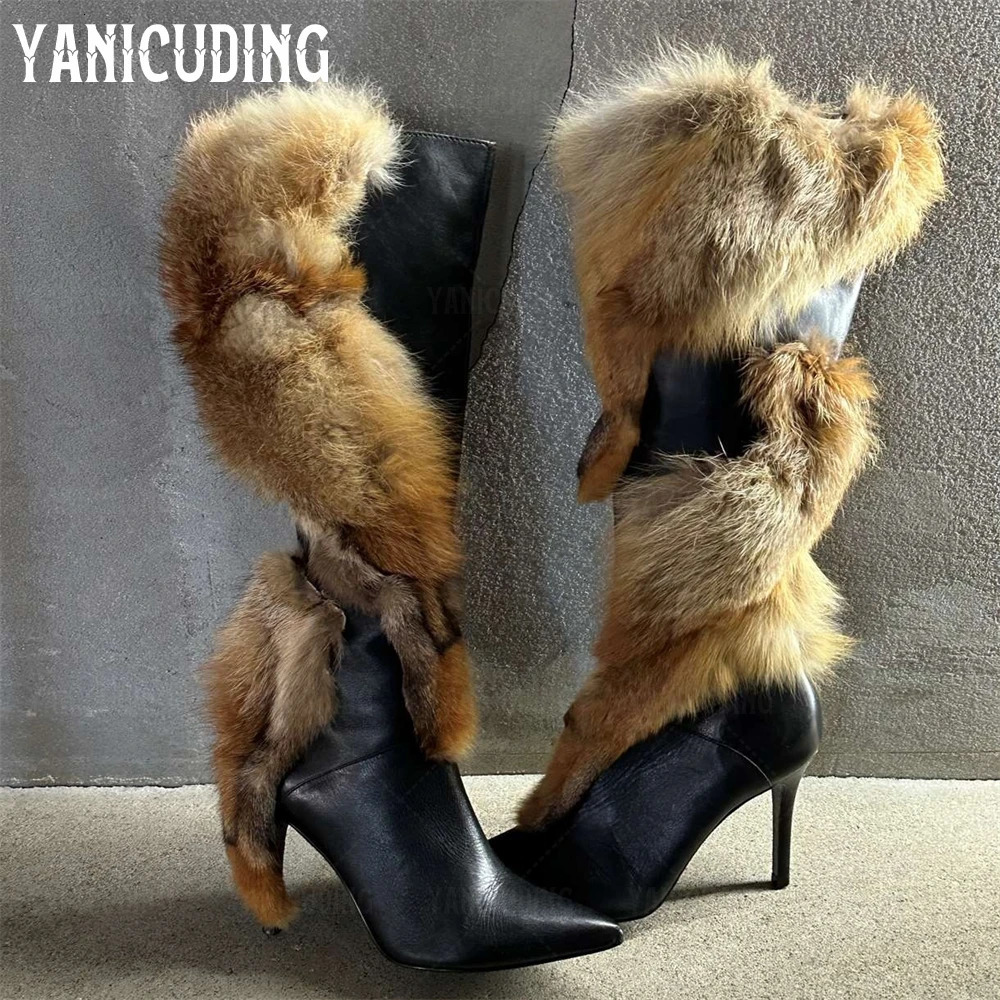 Patchwork Leather Fur Boots y Style Stiletto Knee High ner Handmade Zipper Customized Womens 251121