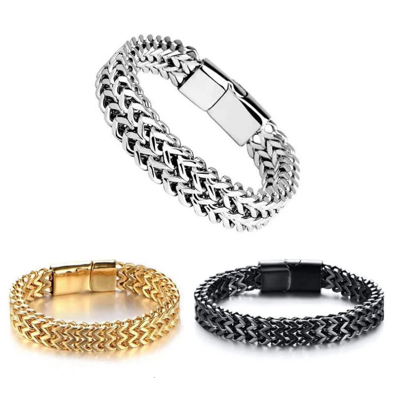 Woven stainless double-layer magnetic buckle men's titanium steel square punk chain bracelet
