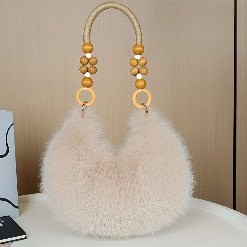Pc Women S Handbag Plush Faux Tote Crossbody Purse With Bead Accented Strap Golden Tone Charm Like Beads Zipper Closure Beige Pink Black Brown Gray