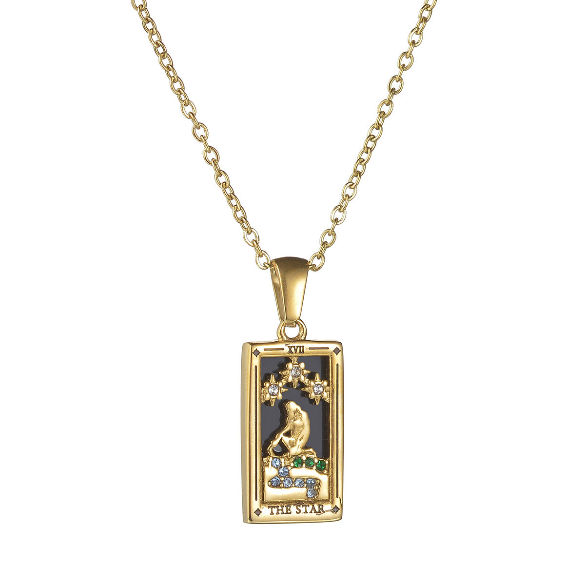 Highly praised hot item electroplated real gold tarot with dia drip oil square card stainless steel necklace