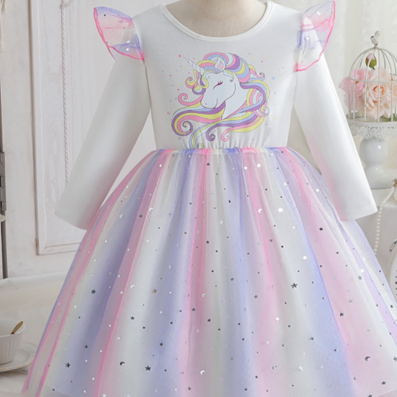 DISNEY Kids designer clothes baby girls dress unicorn birthday outfit children's rainbow dress sequin mesh princess dress.