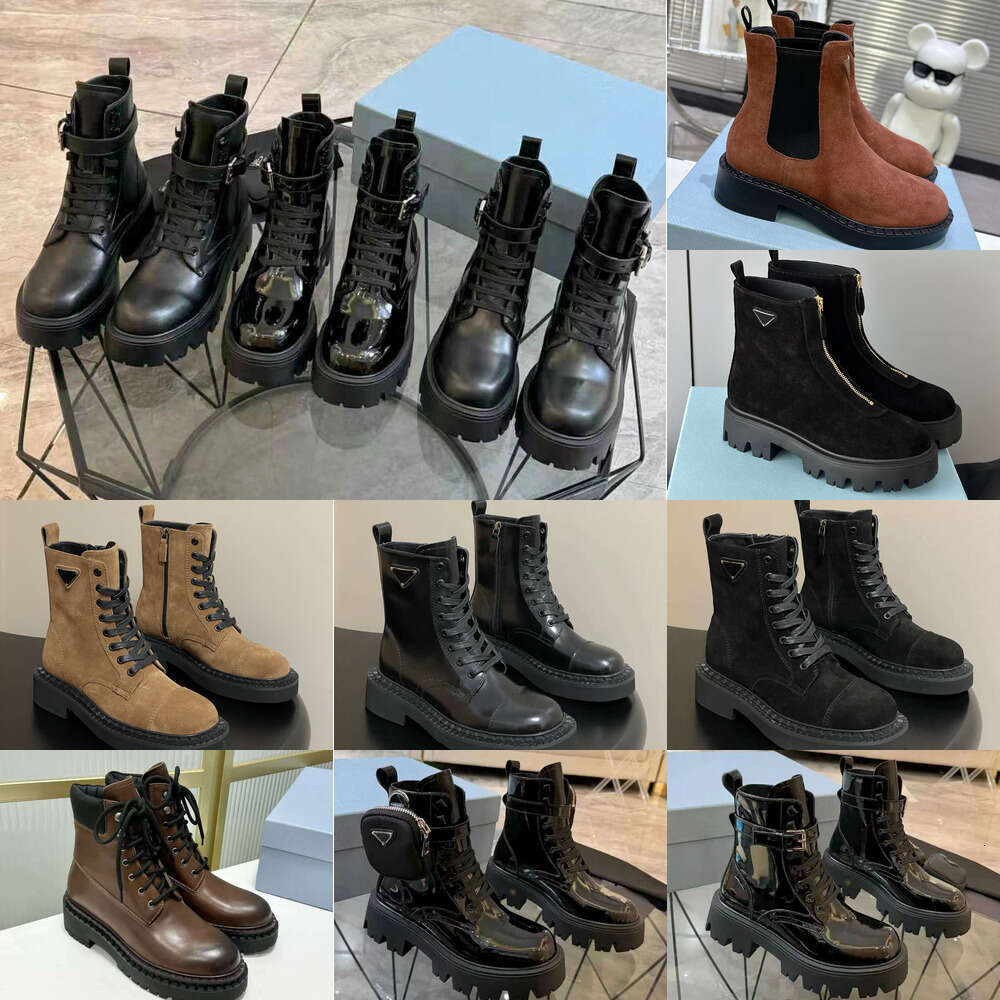 Luxury designer womens boot autumn winter triangle round-toe latform thick-soled pocket booties cowhide patchwork Patent Leather anti-slip ankle Moto boots shoe