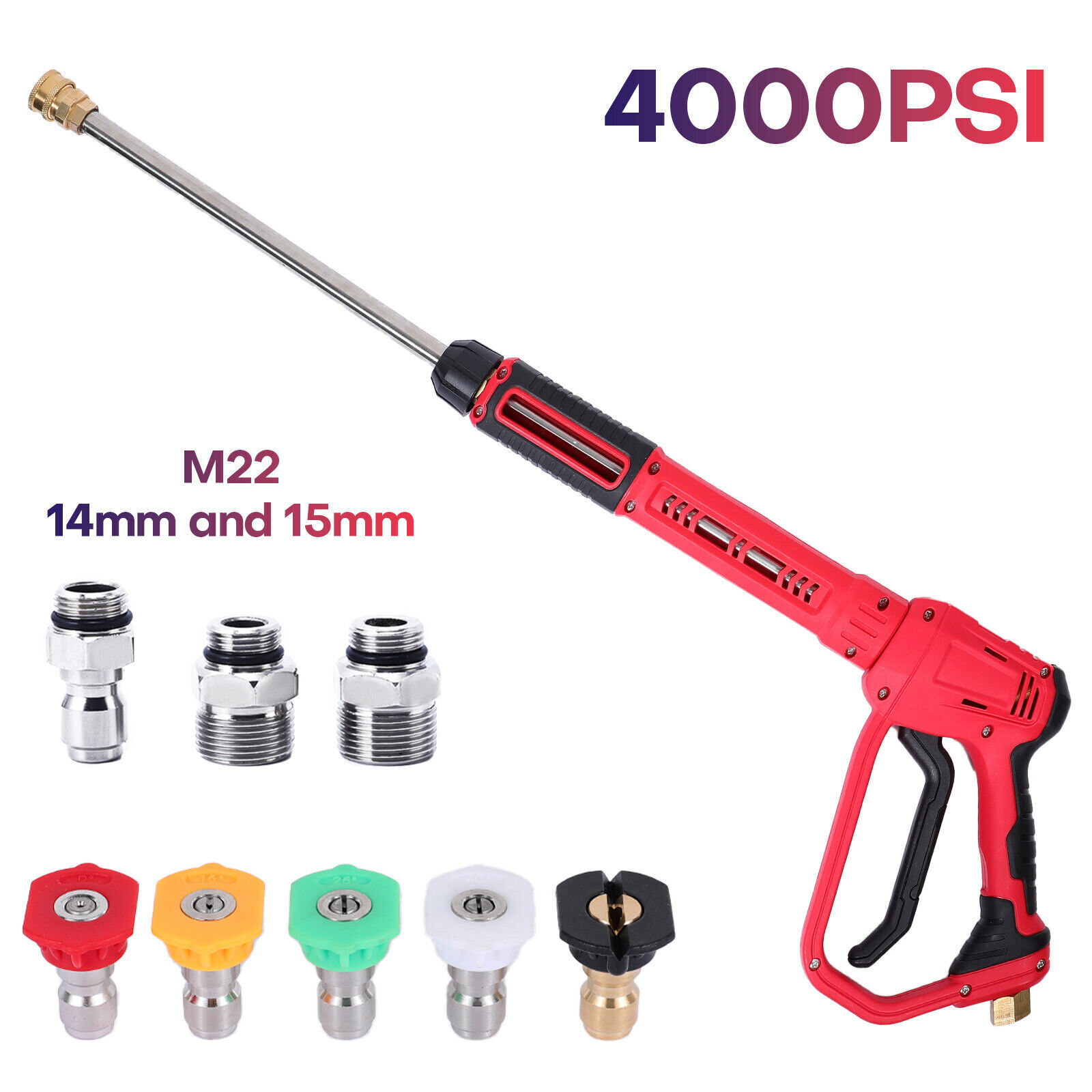High Pressure Washer Gun, 4000 PSI Power Washer Spray Gun with Extension Wand, M22-14,15mm Inlet & 1/4'' Outlet, 5 Nozzle Tips