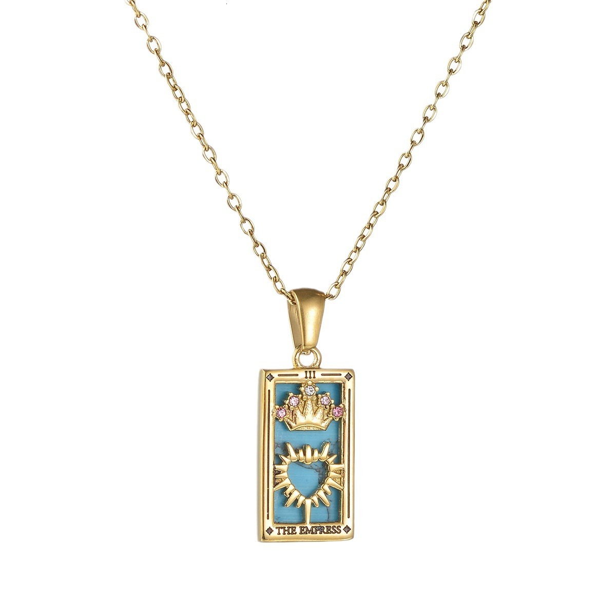 Highly praised hot item electroplated real gold tarot with dia drip oil square card stainless steel necklace