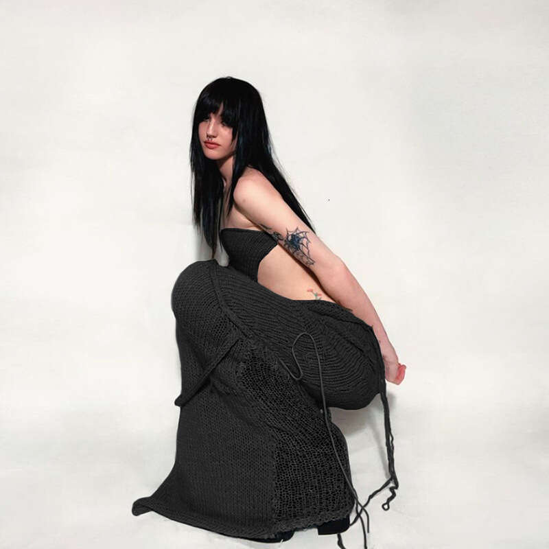 hoodie Women's Wear Feng Spring/Summer Women's New Sexy Wrapped Chest, Lace Up, Open Back Top, Tassel Knitted Skirt Set jacket