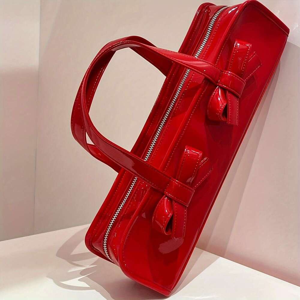 New Sweet Edgy Glossy Bow Adorned Handbag Women Large Capacity Tote With Zipper Closure Fixed Shoulder Strap Red Black Versatile For Casual Formal