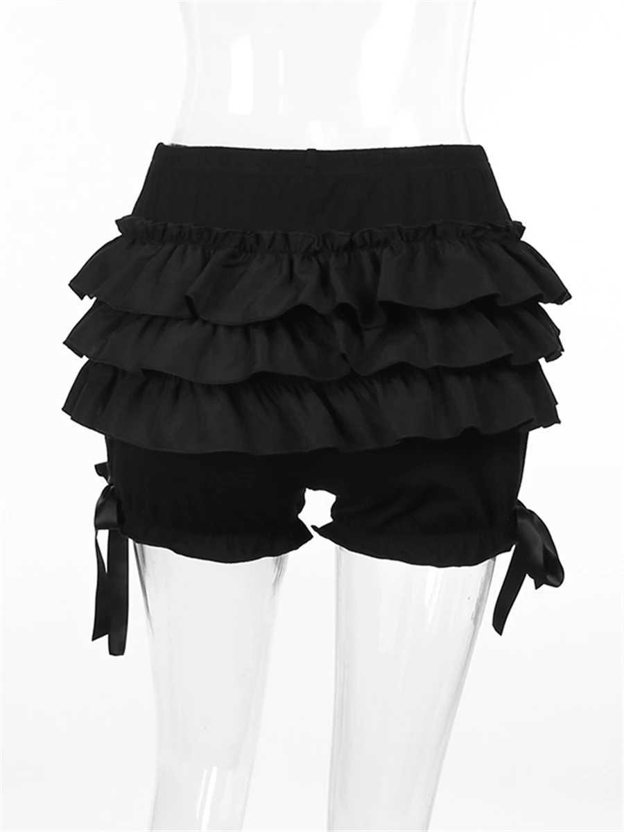 WSEVYPO Gothic Black Brumer Shorts Womens Summer Elastic Waist Ruffle Layered Shorts Harajuku Street Clothing High Waist Bottom M250421