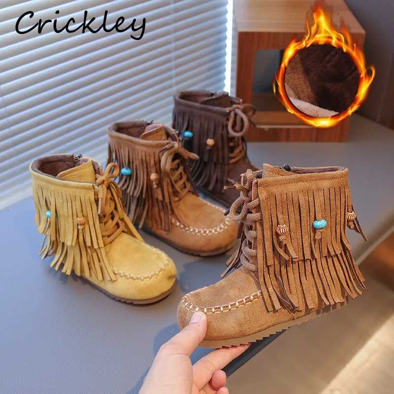Tassel Children Fashion Boots Autumn Winter Solid Fleece Warm Vintage Girls Boots PU Leather Zip Soft Kids Mid Calf ShoesW251121