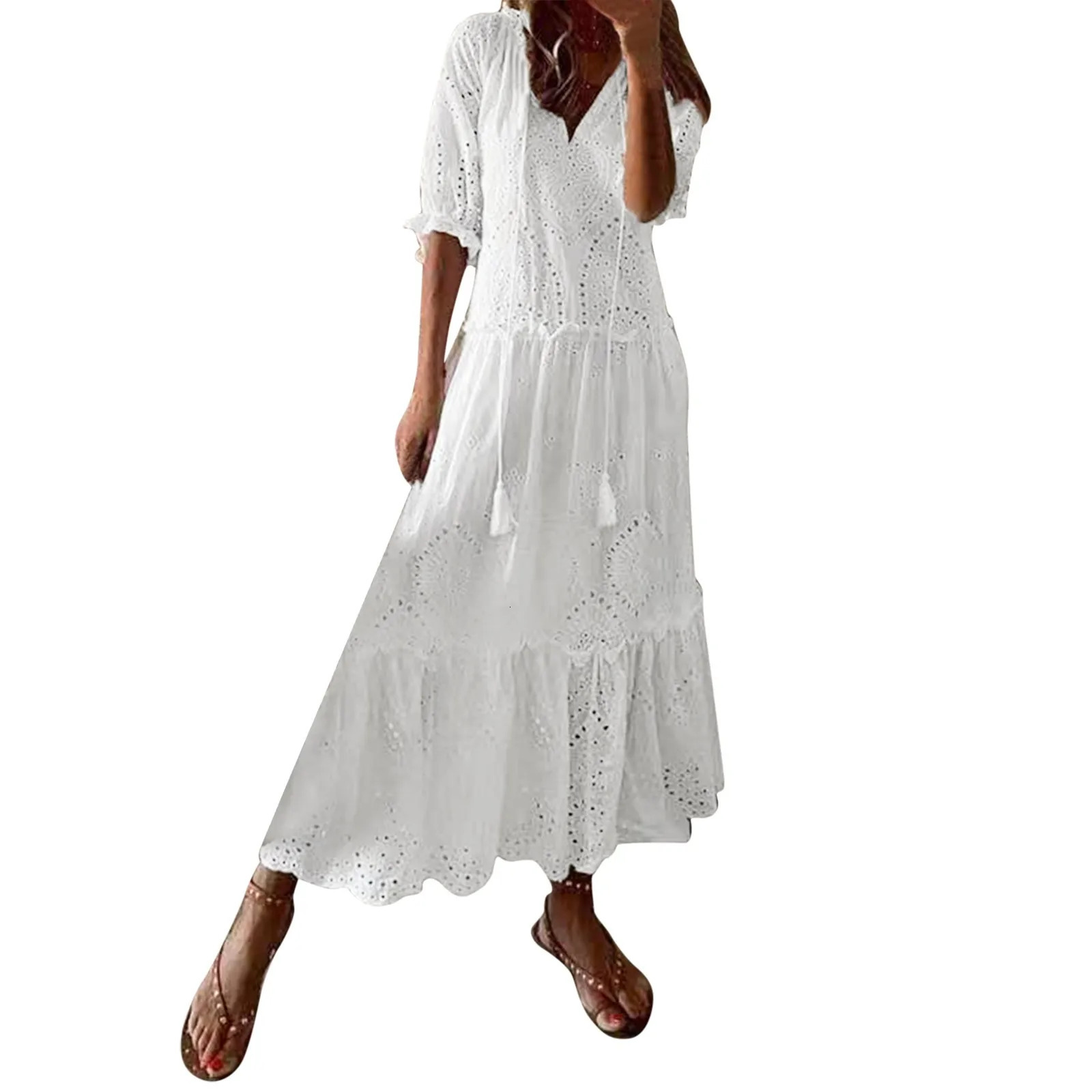Summer Cotton White Dress For Women Casual Hollow Crochet Bohemian Loose Beach Long Dress Ladies Plus Size Holiday Ruffles Dress250414