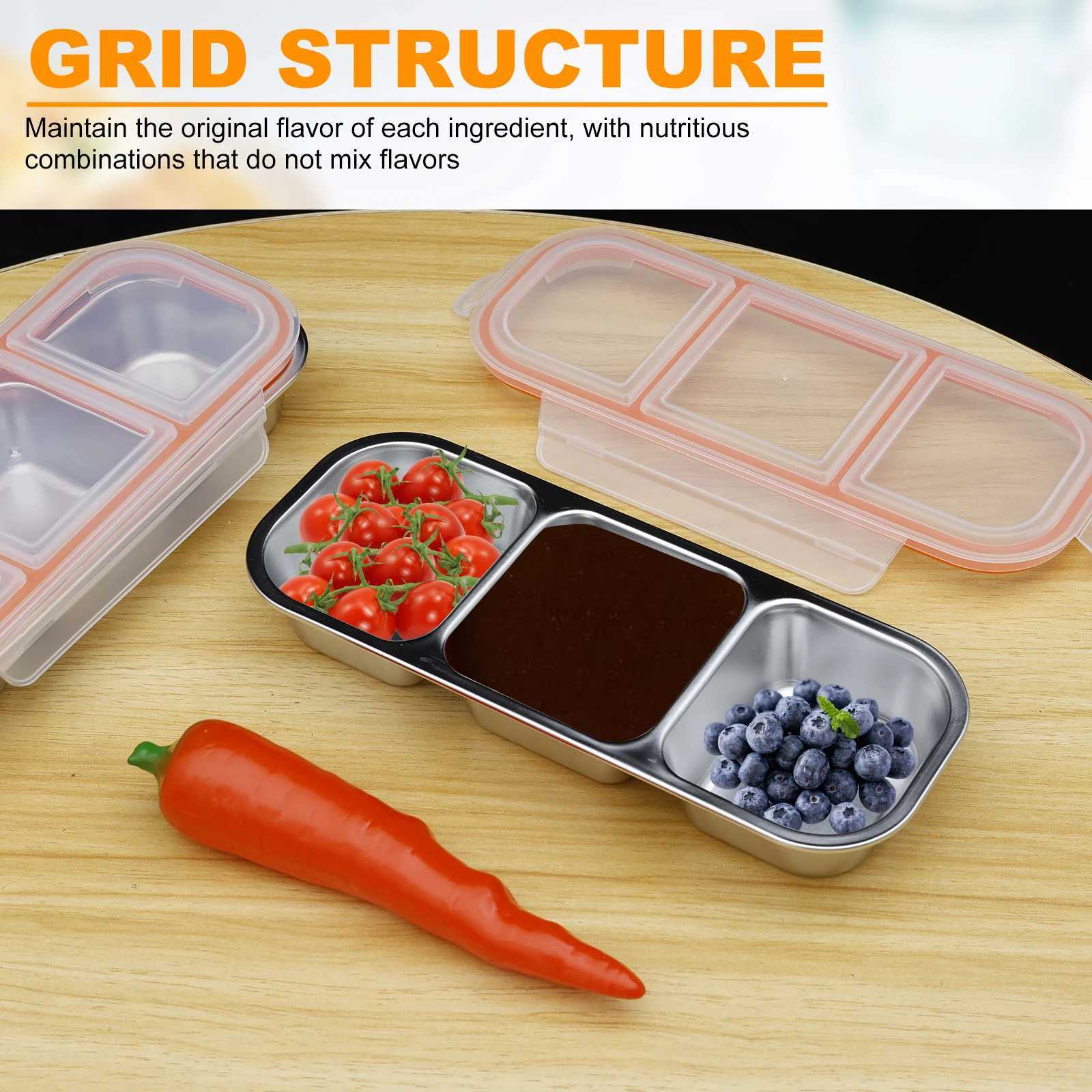 4/2Pcs Stainless Steel Snack Container with Lid 2 Grids Lunchbox Food Storage Container Camping Seasoning Container Bento BoxM251121