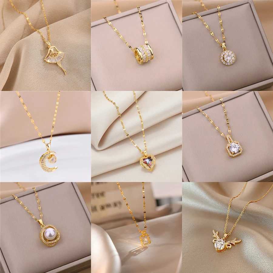 Sweet Zircon Crystal Pendant Necklace For Women Korean Fashion Stainless Steel Clavicle Chain Jewelry Female Wedding AccessoriesXJ251121