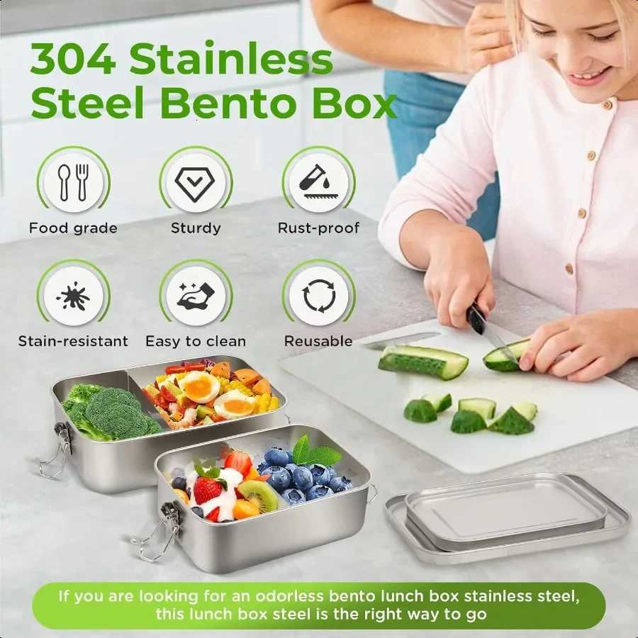 304 Stainl Steel Lunch Box and Food Containers with Lids 2 Pack 1400 850ml LeakProof Adjustable Compartment Metal Bento Box forM251121