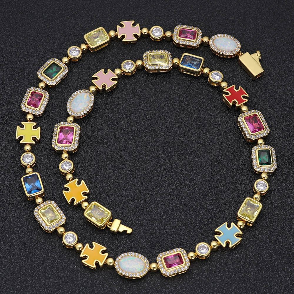 10mm Multicolor Green Blue Red Yellow Black Gem Stone Enamel Cross Chain 18K Gold Plated Jewelry Big Gemstone Necklace Women250909