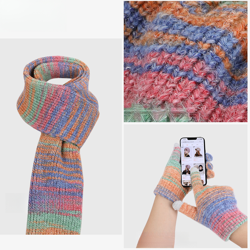 Winter Fashion Knitted Hat for Women Outdoor Warm Ear Protection Touchscreen Gloves Hat Scarf Three-Piece Set free shipping