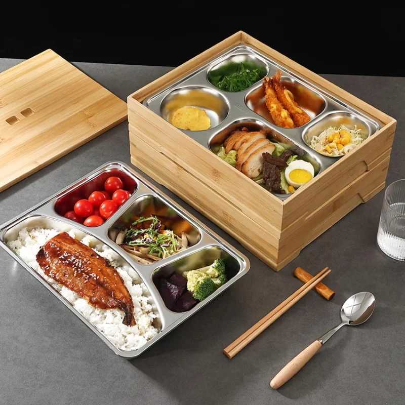 Restaurant Stainless Steel Compartment Lunch Box Bamboo Bento Box Anti-fall Household Japanese Lunch Tray WorkerM251121