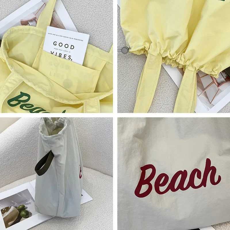 Solid Colour Womens Beach Shoulder Bag Letter Design Ladies Tote Canvas Bags Large Capacity Drawstring Female Shopping HandbagT251121