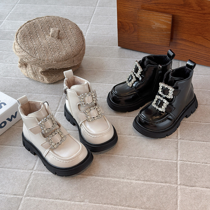 Winter luminous shoes, Rheinstone new styles, fashionable trendy shoes, short boots, thick soled wool lined leather boots, casual children's shoe