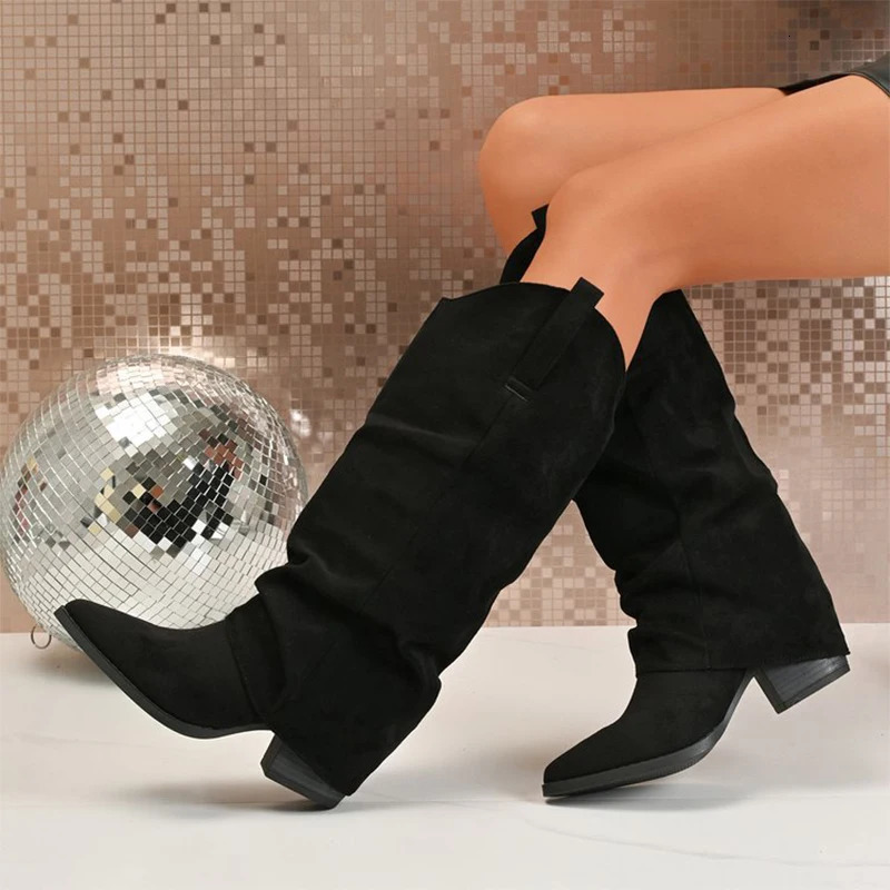 Thick Heel Suede Knee High Boots Women Elegant Pleated Pointed Toe Brown Long Woman Slip On Botas Ladies 251121