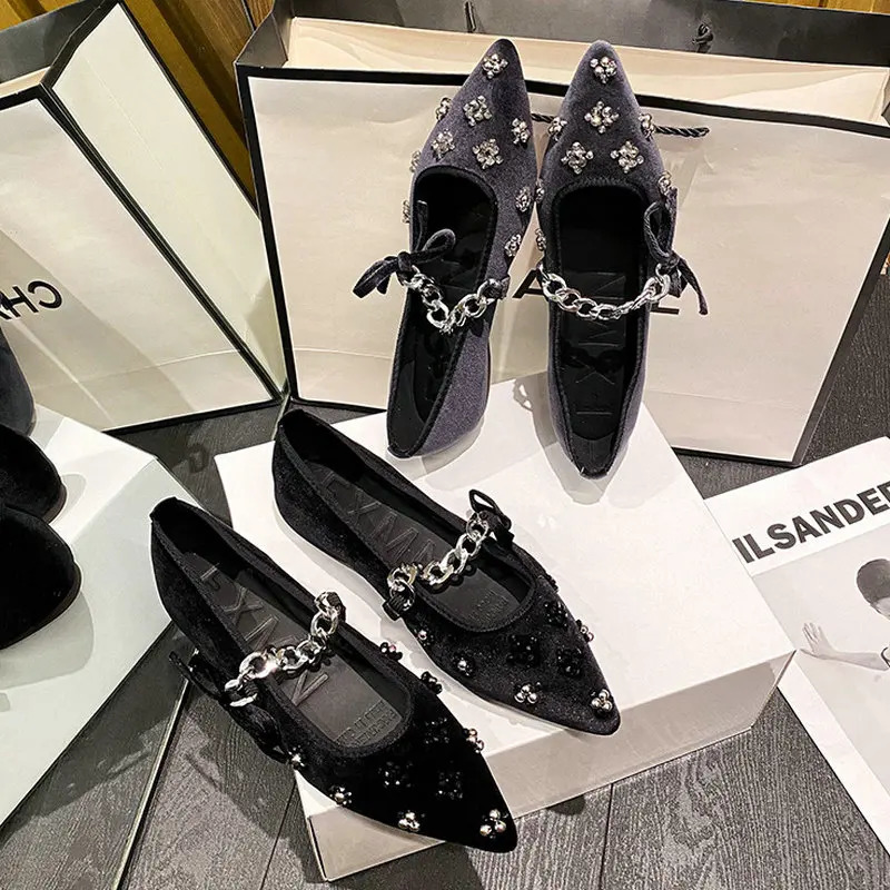 Flat Shoes Women French Mary Jane Pointed Toe Chain Diamond Bottom Spring Black Ladies 251121