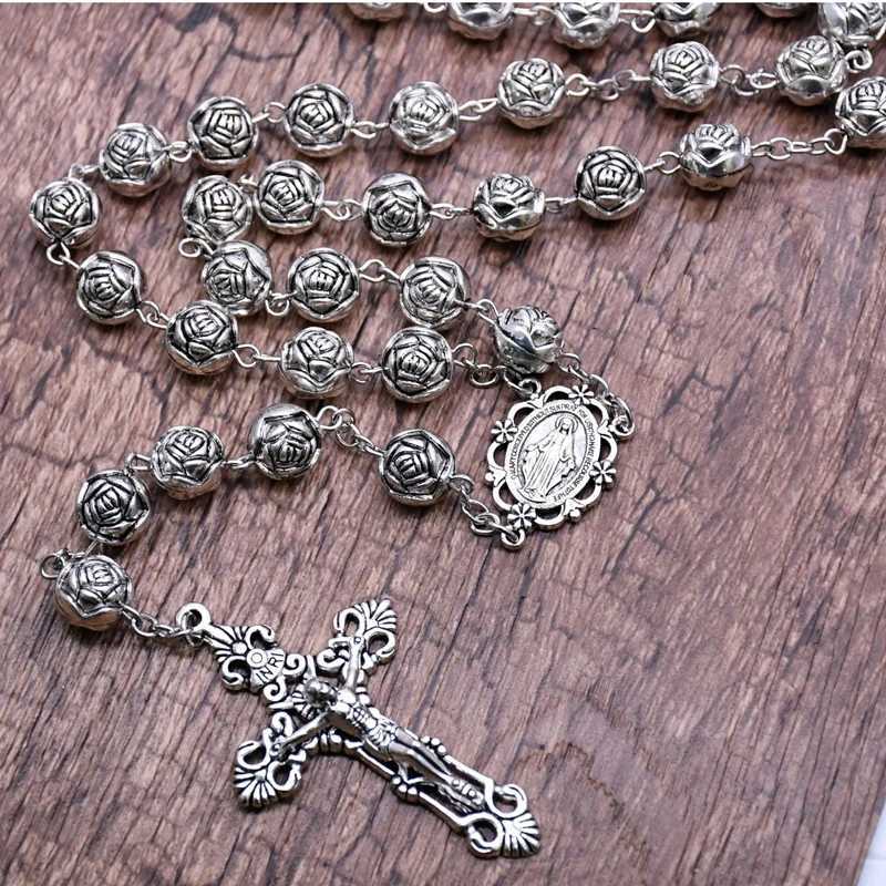 QIGO 10mm Vintage Cross Pendant Plastic Rose Rosary Necklace Catholic Prayer Jewelry GiftsXJ251121