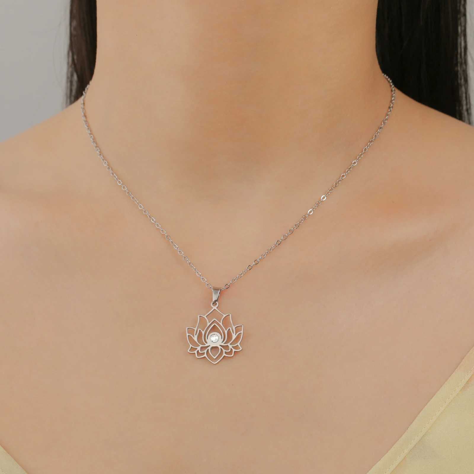 Skyrim Lotus Flower Necklace Women Stainless Steel Clear Zircon Pendant Neck Chain Yoga Chakra Buddhism Jewelry Christmas GiftsXJ251121
